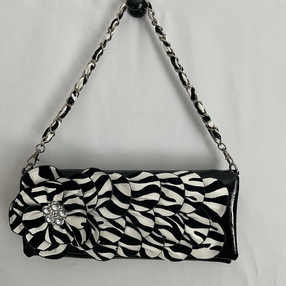 Hananel Zebra Print Clutch Or Shoulder Bag Rhinestone Flower